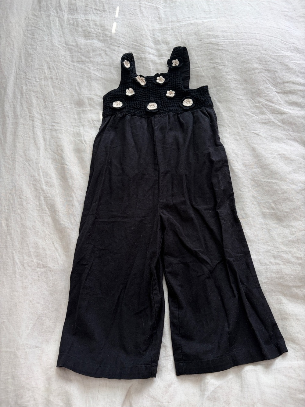 ZARA Kids Black Crocheted Top Wide-Leg Jumpsuit with Flower Accents